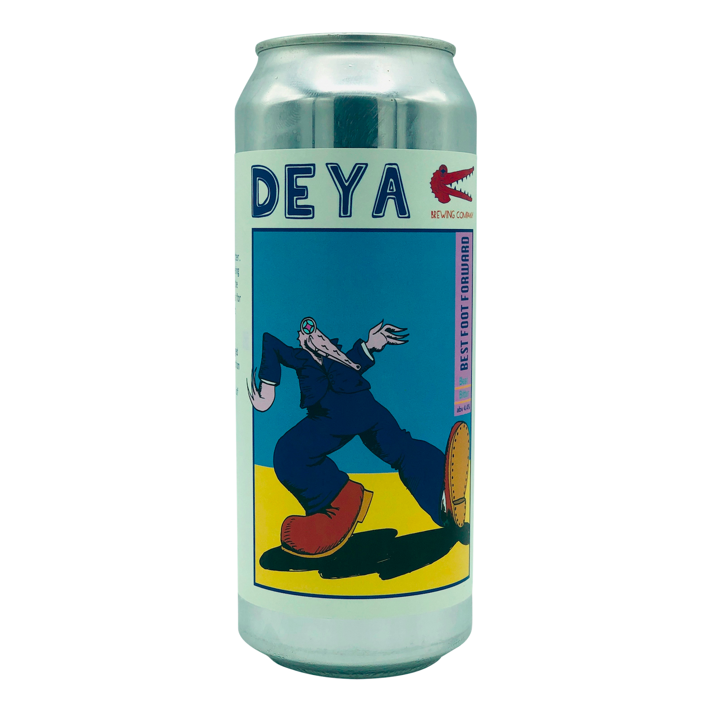 DEYA brewing company 550ml Can of best bitter craft beer best foot forward with crocodile loge wearing a suit