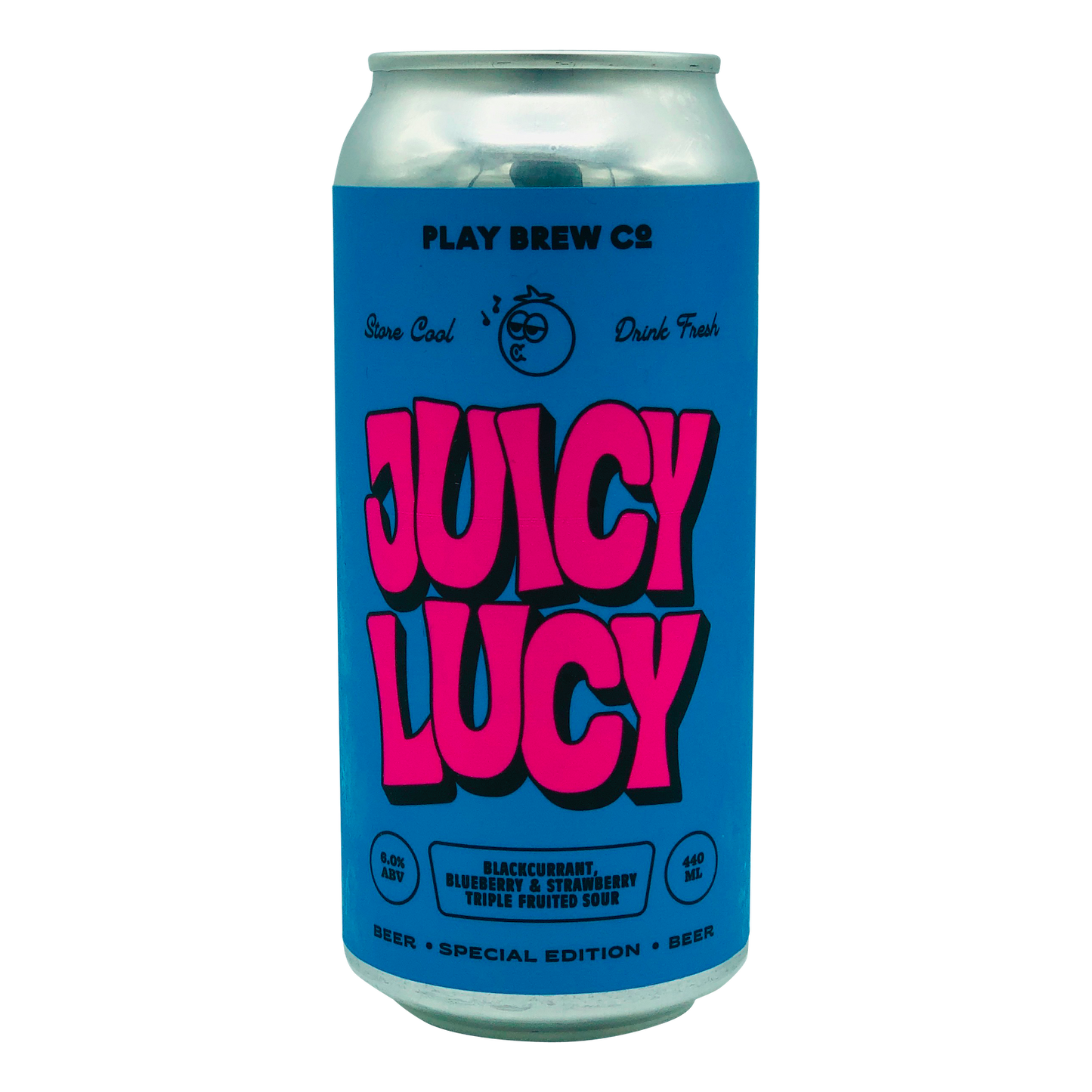 440ml Can of Juicy Lucy Craft Beer Blackcurrant, blueberry and strawberry triple fruited sour special edition brewed by Play Brew co Brewery