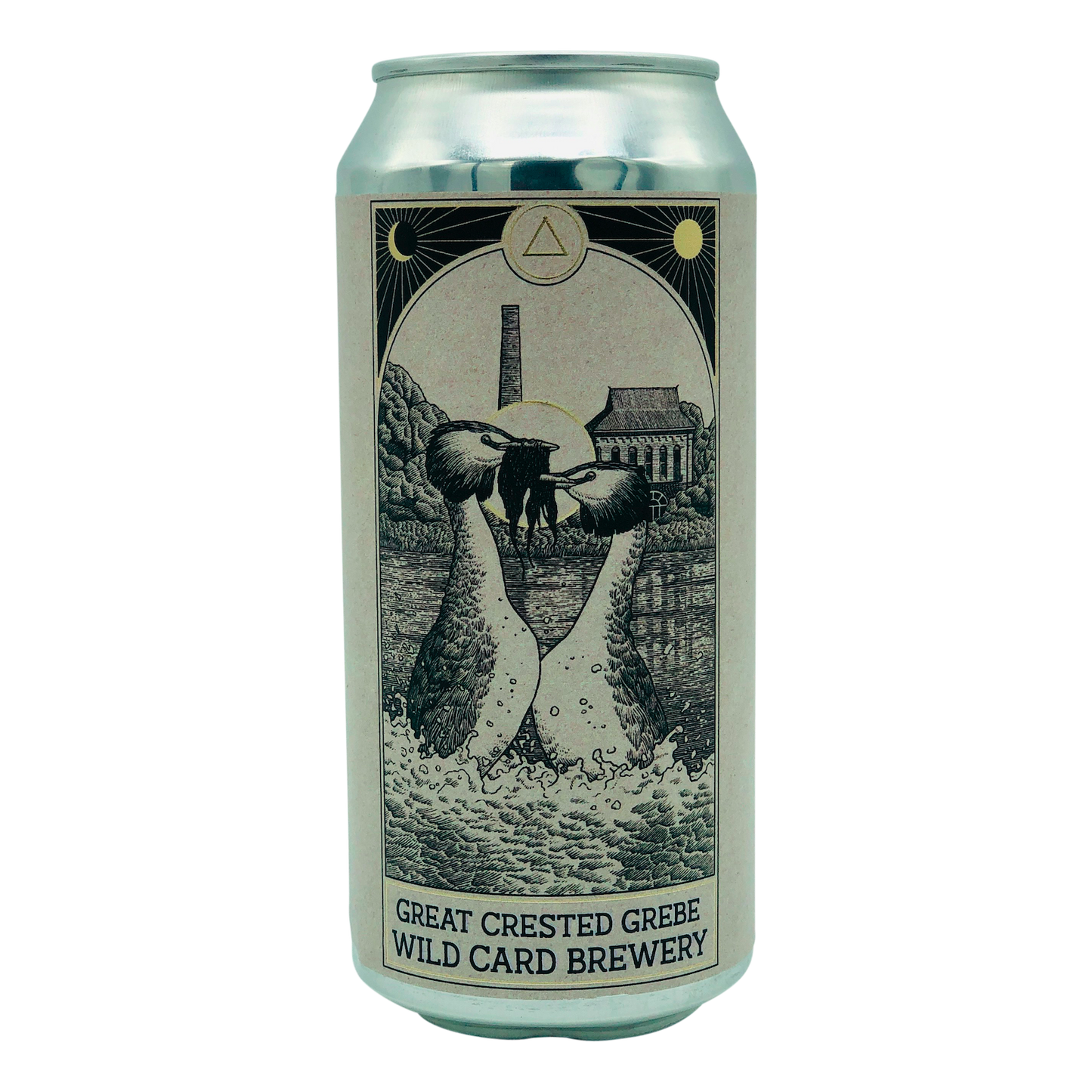 American IPA India Pale Ale. 440ml Can of Craft Beer Great crested Grebe brewed in London by Wild Card Brewery an artistic image of two birds