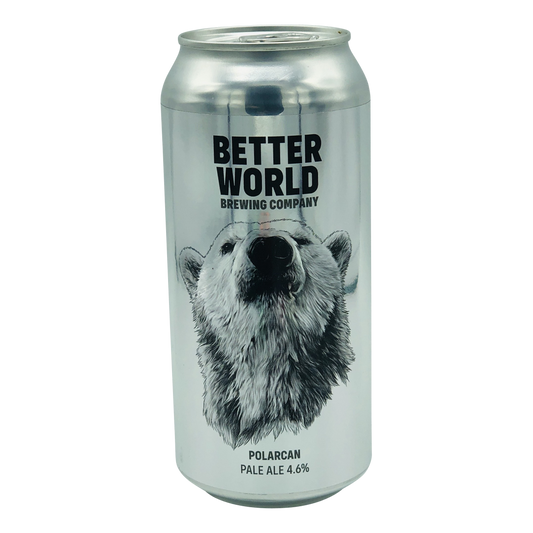 Vegan Friendly Can of Craft Beer Polarcan Pale Ale from Better World Brewing Company. Can is silver with an image of a Polar bear