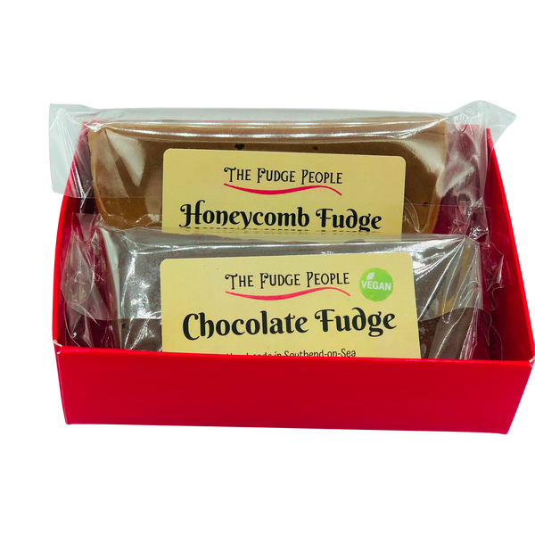 Two pieces of Handmade fudge from the Fudge People, both made in Southend on Sea. honeycomb and vegan friendly chocolate in a red gift box