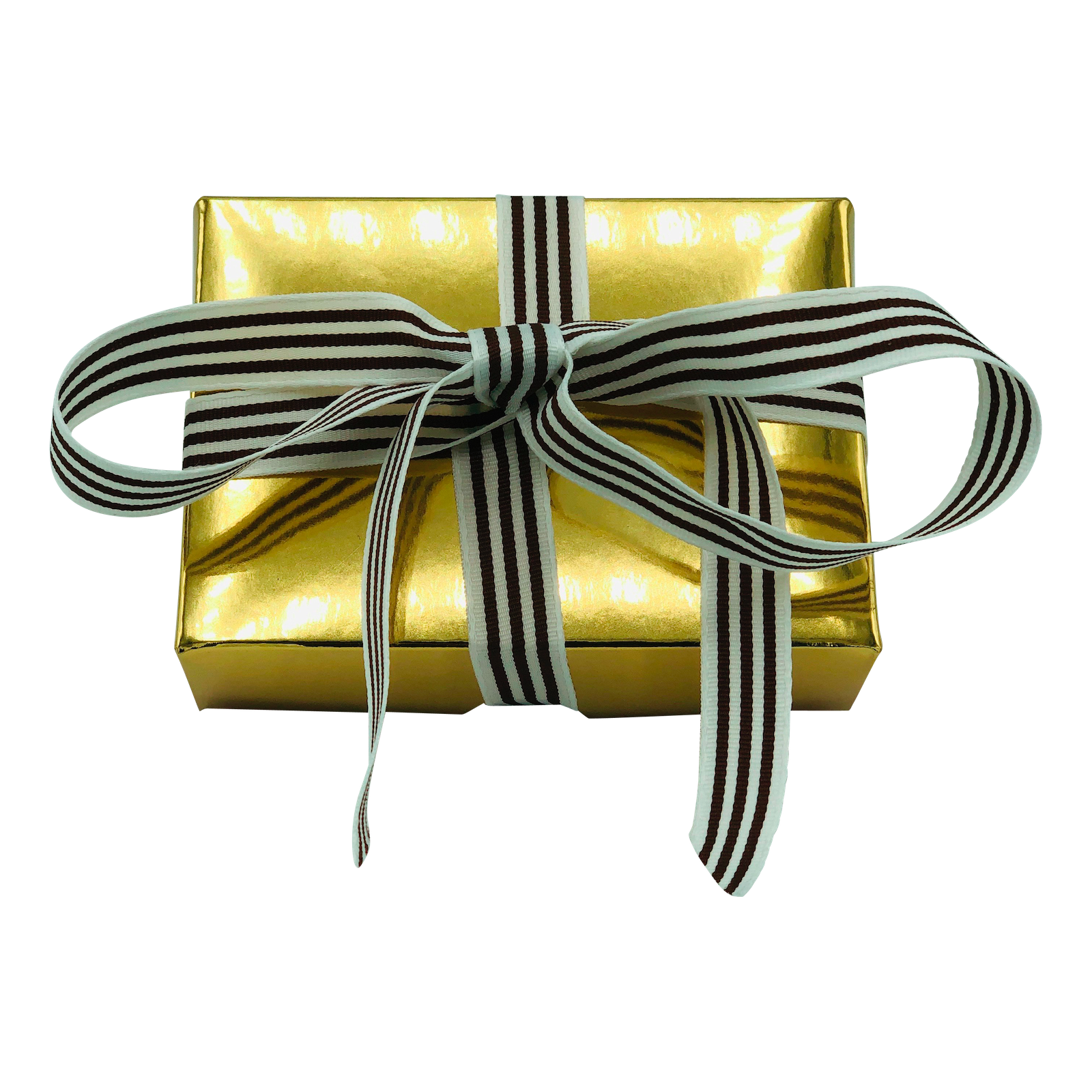 Golden Gift box containing two pieces of handmade fudge wrapped in a bow