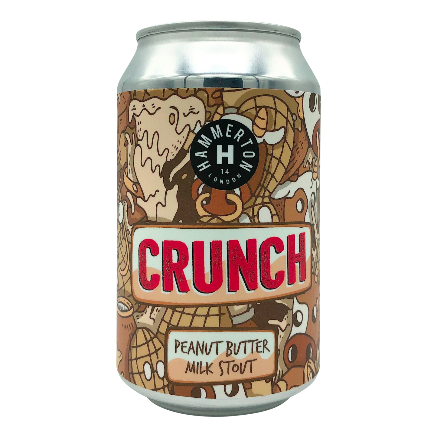 Hammerton Brewery Peanut Butter Milk Stout Craft Beer Crunch Brewed in London 330ml Can light brown colour red text, images of cows and peanuts 