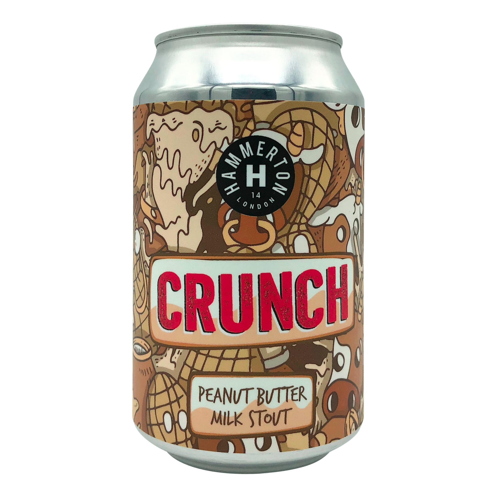 Hammerton Brewery Peanut Butter Milk Stout Craft Beer Crunch Brewed in London 330ml Can light brown colour red text, images of cows and peanuts 