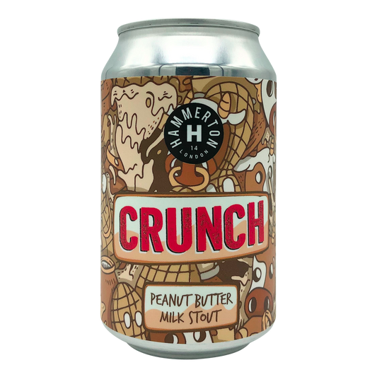 Hammerton Brewery Peanut Butter Milk Stout Craft Beer Crunch Brewed in London 330ml Can light brown colour red text, images of cows and peanuts 