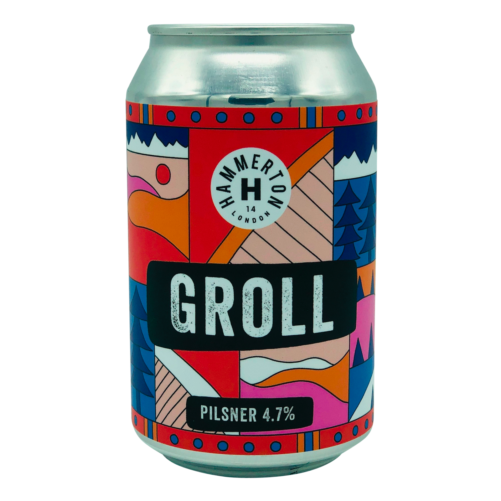 Groll, a 330ml  Pilsner Lager Craft Beer Can from Hammerton Brewery London depicts images of trees and mountains