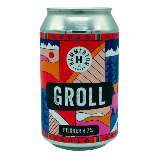 Groll, a 330ml  Pilsner Lager Craft Beer Can from Hammerton Brewery London depicts images of trees and mountains