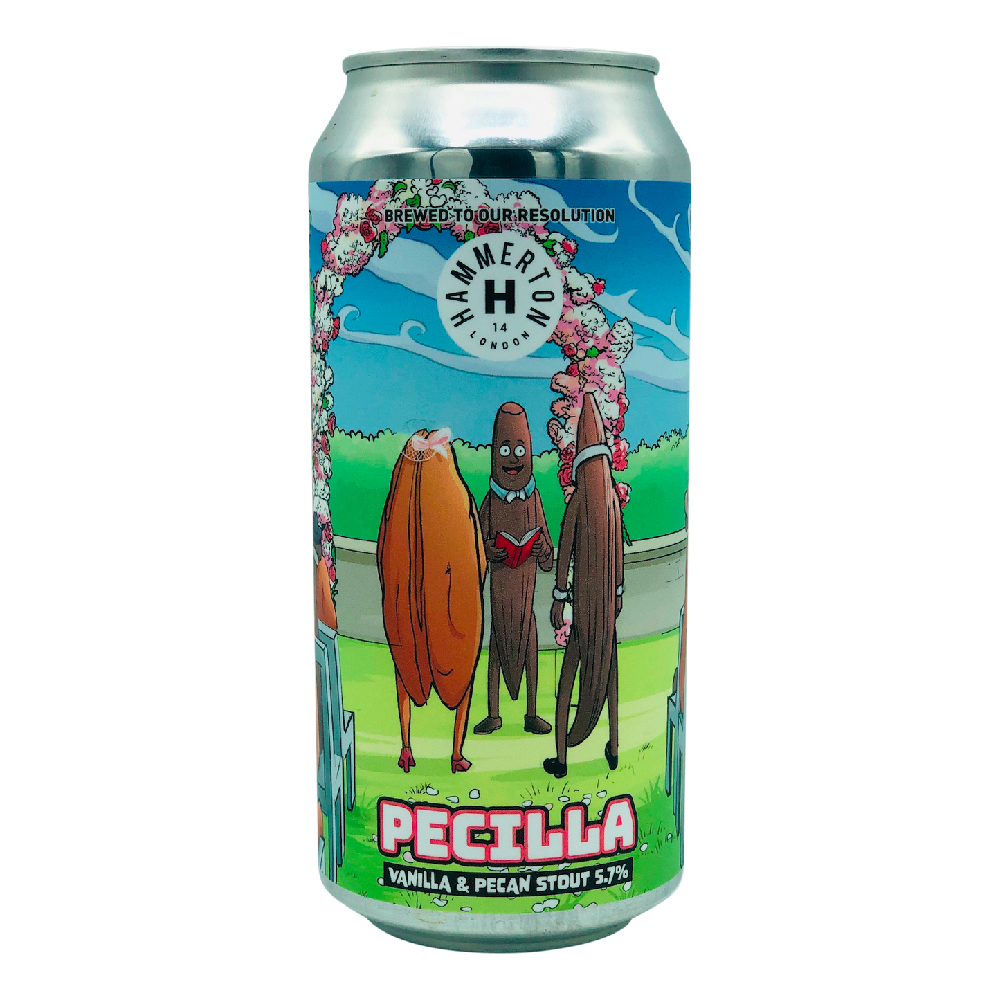Hammerton Brewery Pecilla Vanilla and Pecan stout 400ml Can of Craft Beer brewed in London. Cartoon image of a vanilla pod and a pecan nut getting married