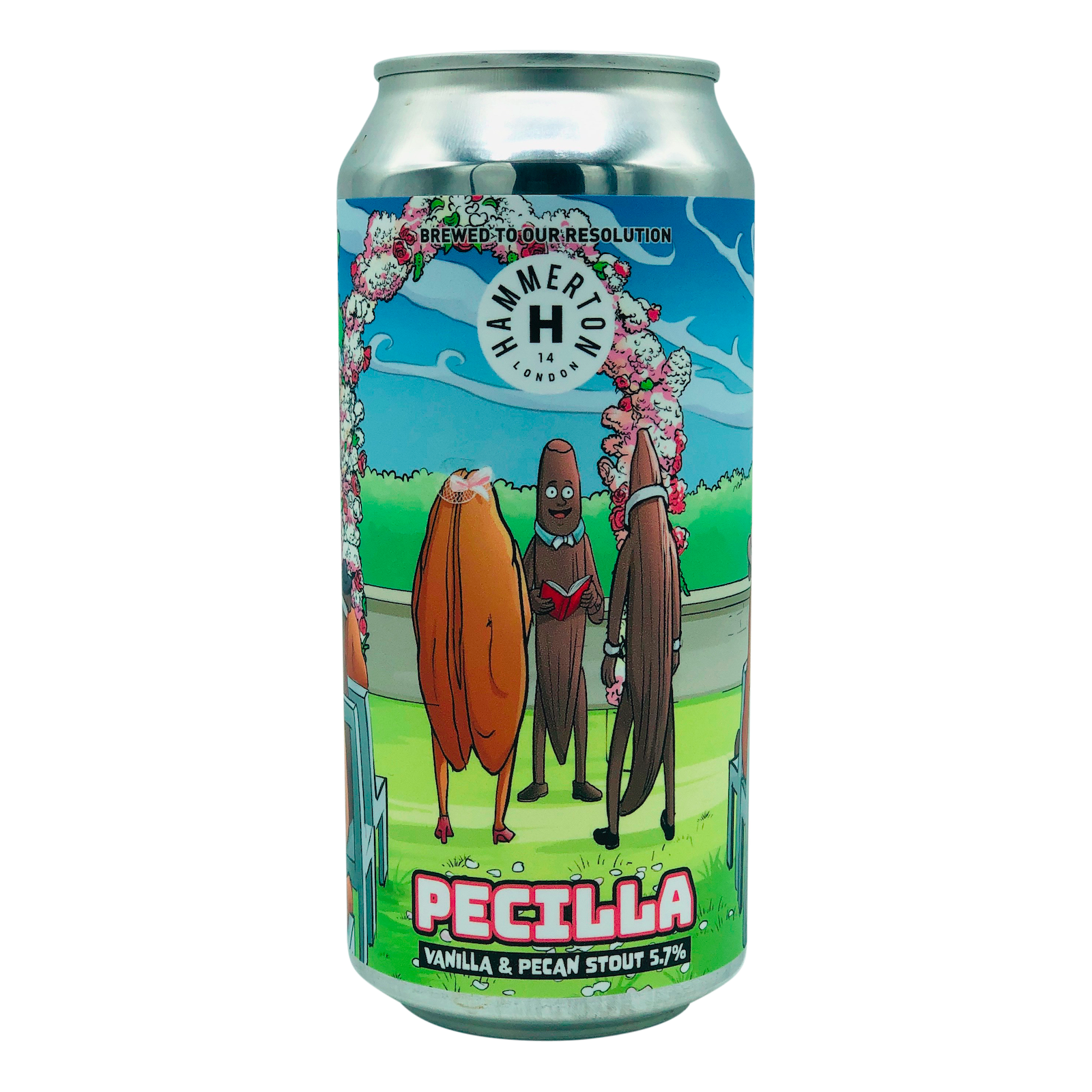 Hammerton Brewery Pecilla Vanilla and Pecan stout 400ml Can of Craft Beer brewed in London. Cartoon image of a vanilla pod and a pecan nut getting married