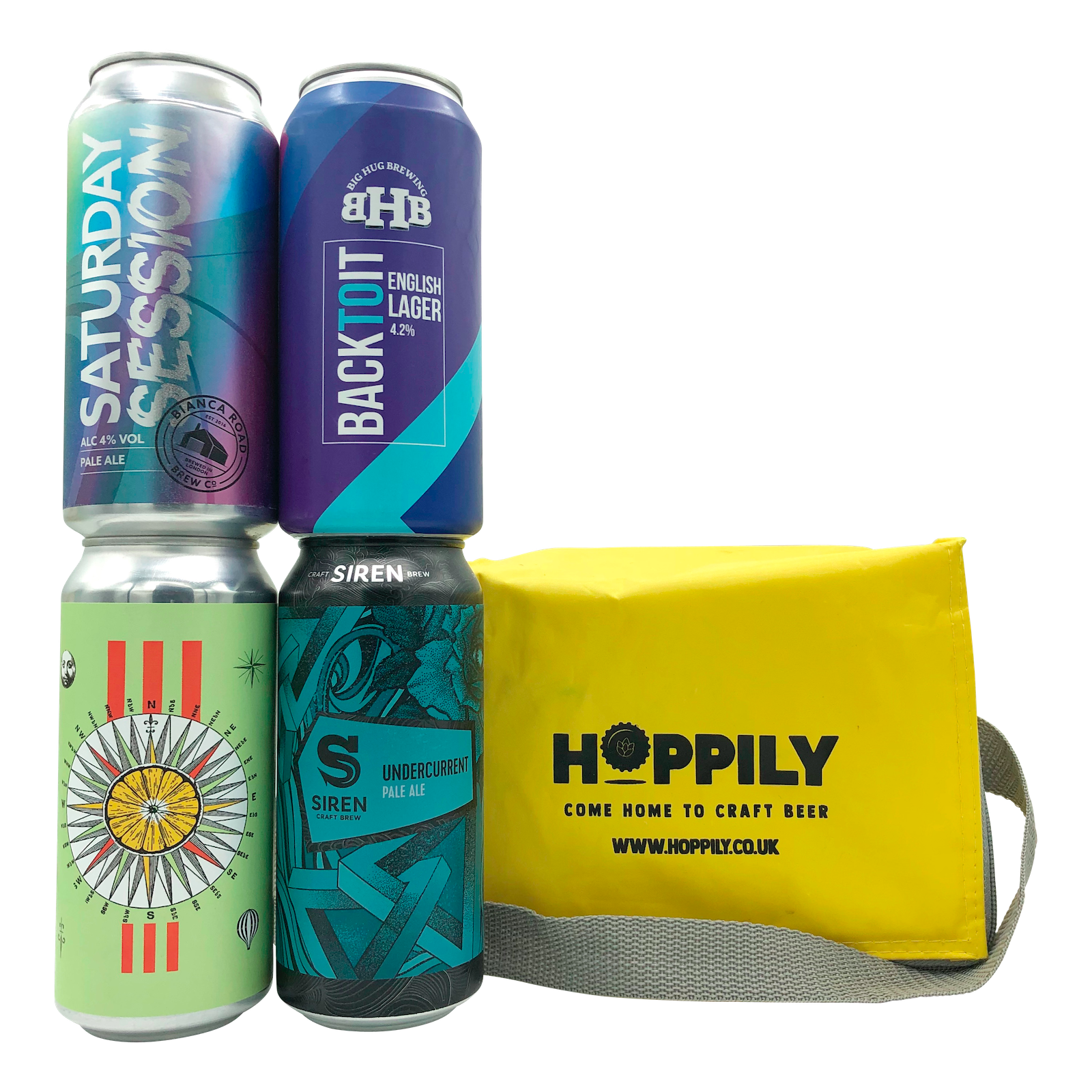 4 x 440ml Cans of Craft Beer from Siren Craft Brew, Wild Card Brewery, Big Hug Brewing and Bianca Road Brew Co. Next to a yellow cool Bag from hoppily reading Come Home To Craft Beer
