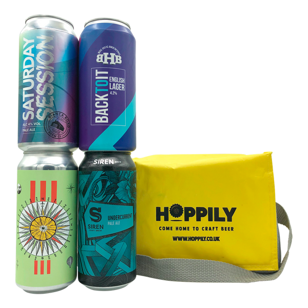 4 x 440ml Cans of Craft Beer from Siren Craft Brew, Wild Card Brewery, Big Hug Brewing and Bianca Road Brew Co. Next to a yellow cool Bag from hoppily reading Come Home To Craft Beer