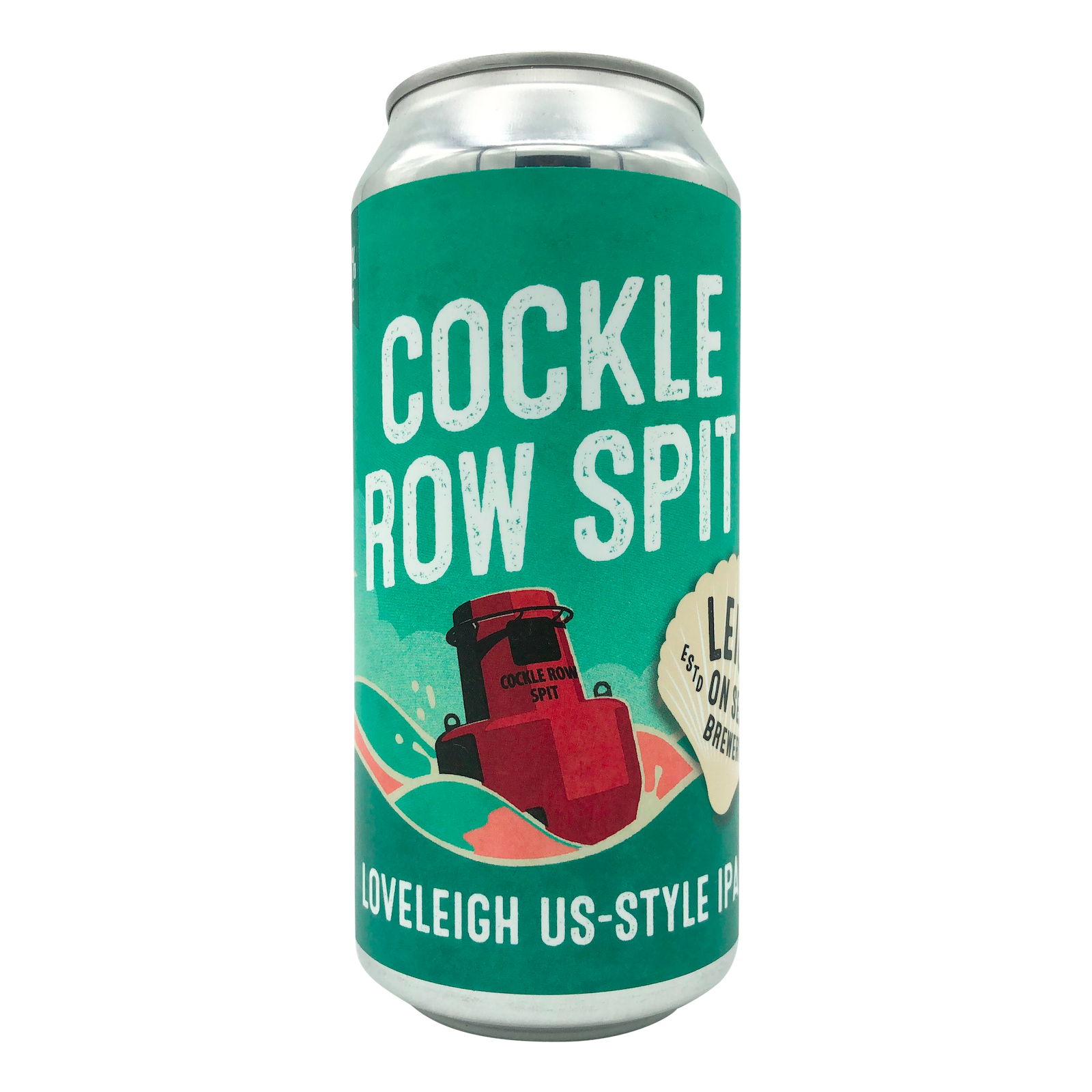 44oml Can of Cockle Row Spit US-Style IPA brewed by Leigh On Sea Brewery. Can is light blue/green with a red buoy floating in the sea. Leigh on Sea logo appears inside a cream sea shell.  