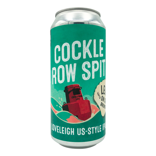 44oml Can of Cockle Row Spit US-Style IPA brewed by Leigh On Sea Brewery. Can is light blue/green with a red buoy floating in the sea. Leigh on Sea logo appears inside a cream sea shell.  