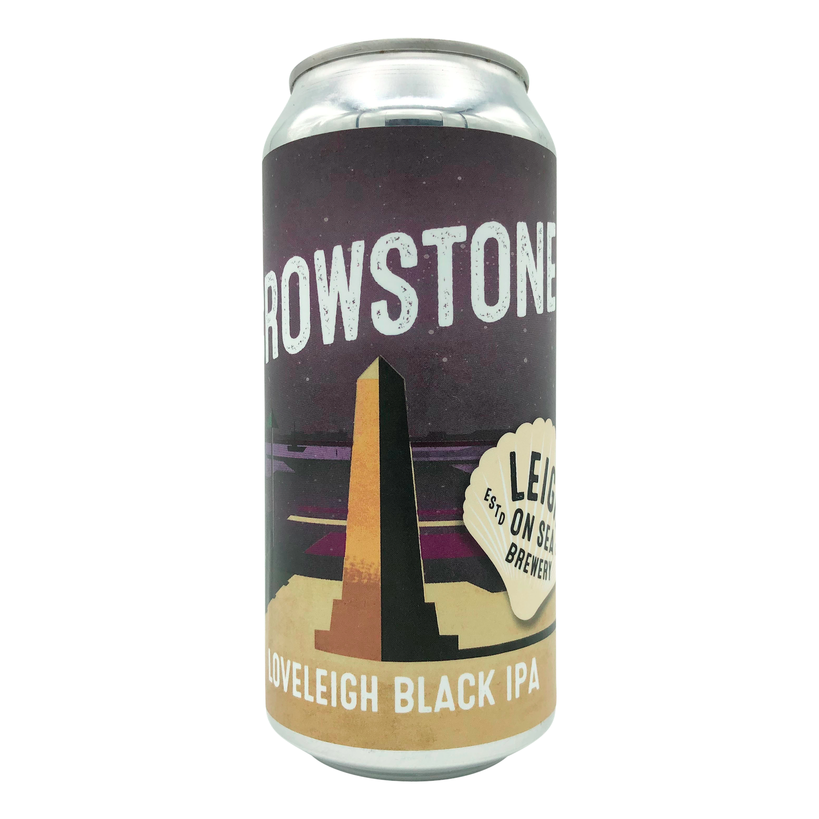 Crowstone Vegan Friendly Black IPA India Pale Ale Craft Beer from Leigh on Sea Brewery brewed in Leigh-on-Sea Essex. Dark Purple 440ml can depicting Chalkwell beach in Southend on Sea 