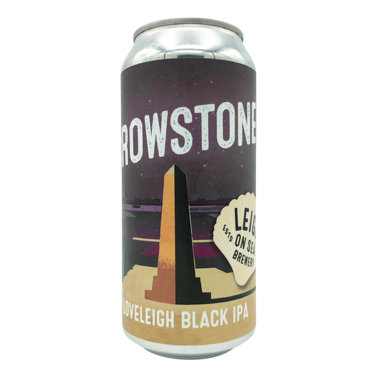 Crowstone Vegan Friendly Black IPA India Pale Ale Craft Beer from Leigh on Sea Brewery brewed in Leigh-on-Sea Essex. Dark Purple 440ml can depicting Chalkwell beach in Southend on Sea 