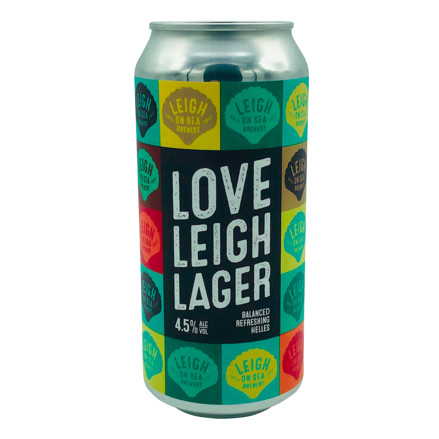 Love Leigh Helles Lager brewed in Leigh-on-Sea, Essex by Leigh on Sea Brewery 440ml Can of Craft Beer decorated with bright pop art sea shells