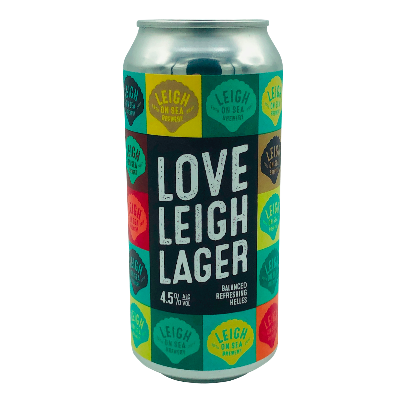 Love Leigh Helles Lager brewed in Leigh-on-Sea, Essex by Leigh on Sea Brewery 440ml Can of Craft Beer decorated with bright pop art sea shells