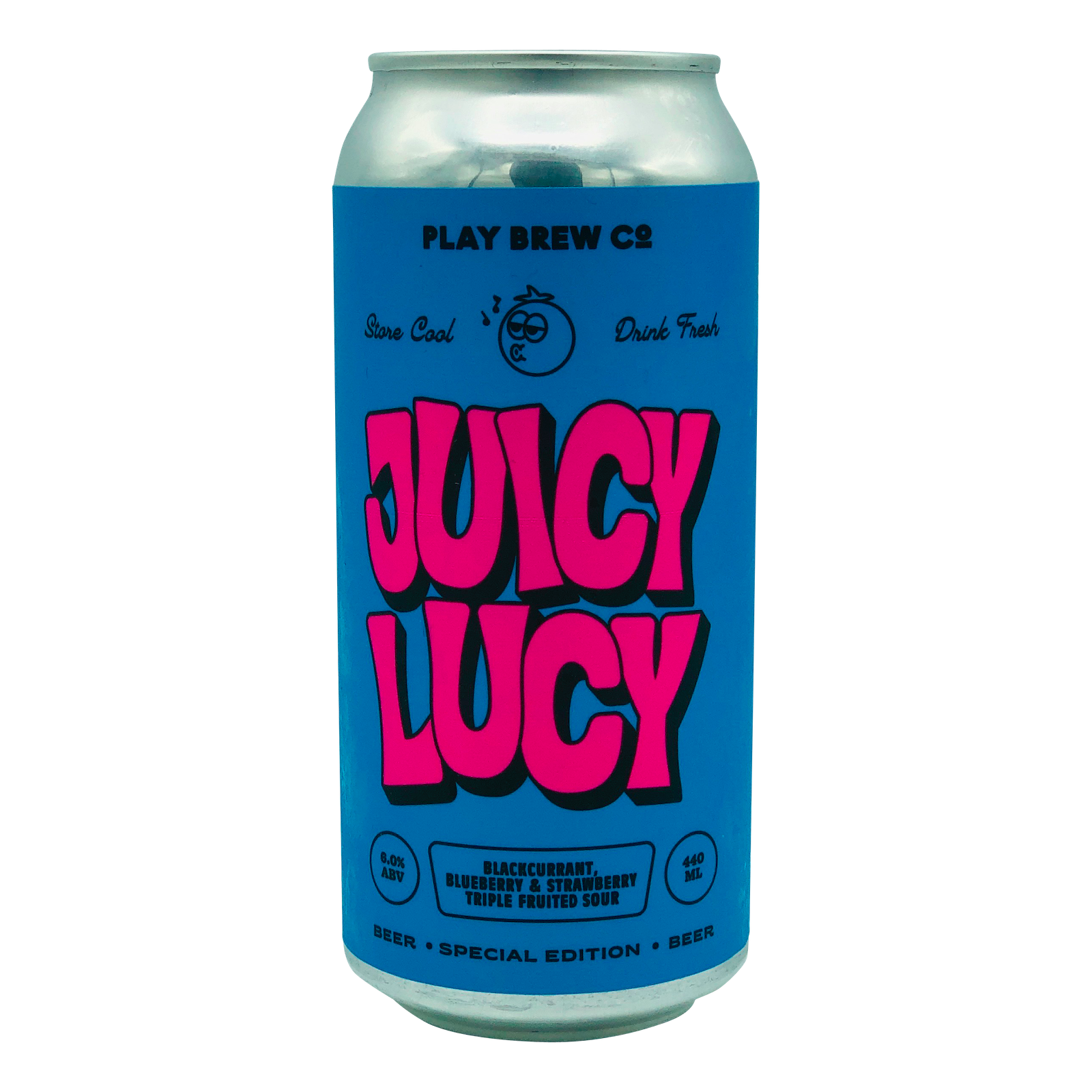 440ml Can of Juicy Lucy Craft Beer Blackcurrant, blueberry and strawberry triple fruited sour special edition brewed by Play Brew co Brewery