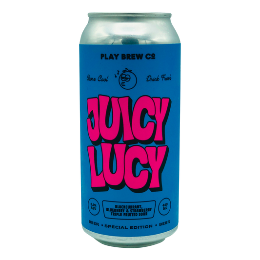 440ml Can of Juicy Lucy Craft Beer Blackcurrant, blueberry and strawberry triple fruited sour special edition brewed by Play Brew co Brewery