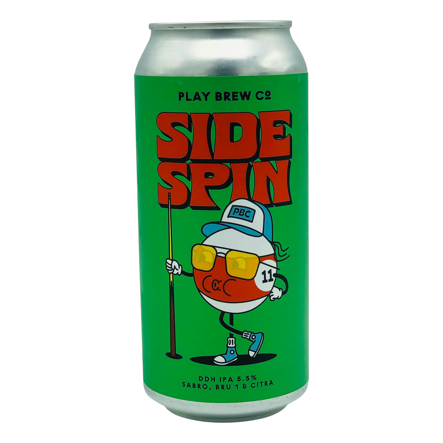 440ml Can of Side Spin DDH IPA Craft Beer brewed by Play brew Co. 5.5% ABV. Can is bright green with red text, an image of a red Number 11 pool ball wearing a hat and sunglasses, carrying a snooker queue.