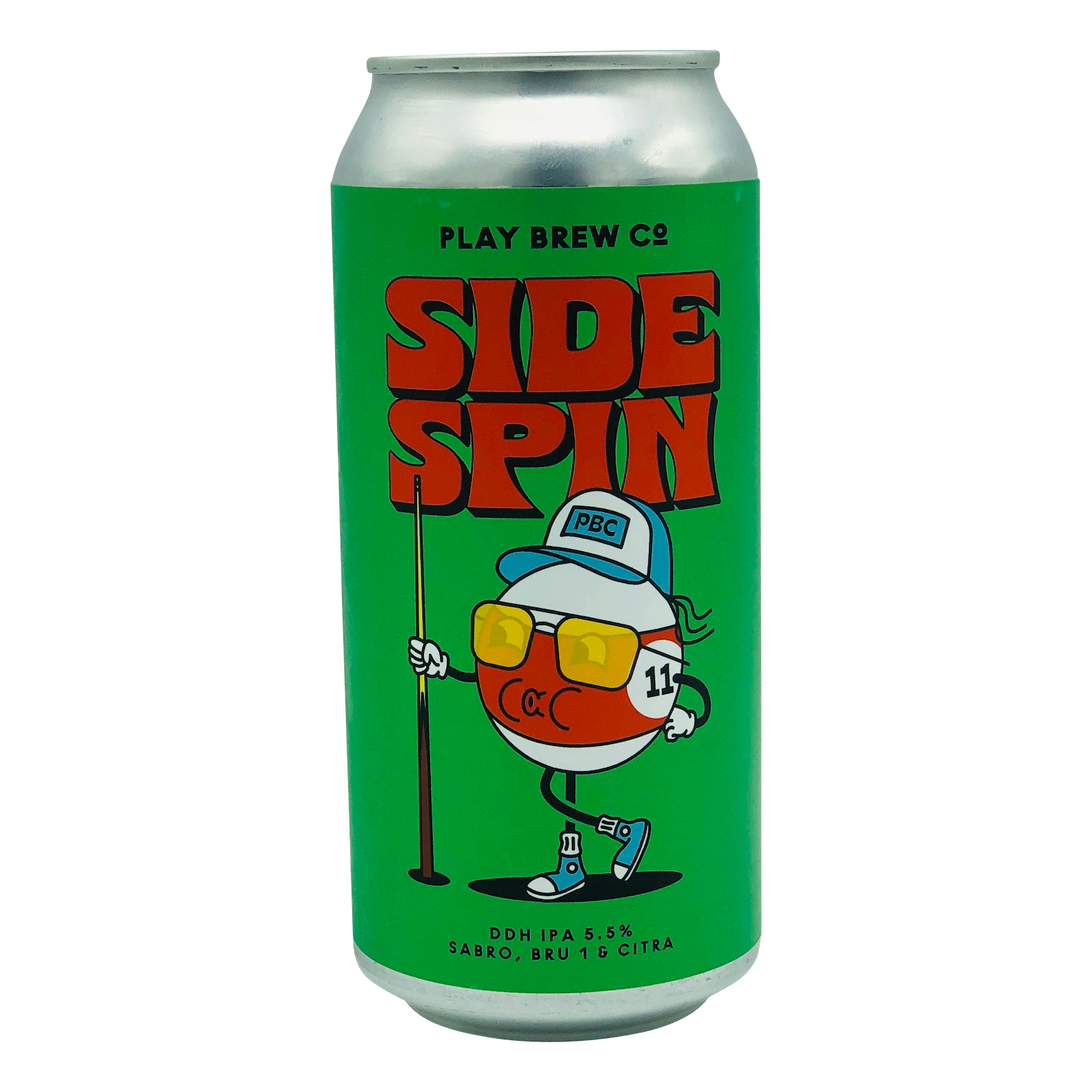440ml Can of Side Spin DDH IPA Craft Beer brewed by Play brew Co. 5.5% ABV. Can is bright green with red text, an image of a red Number 11 pool ball wearing a hat and sunglasses, carrying a snooker queue.