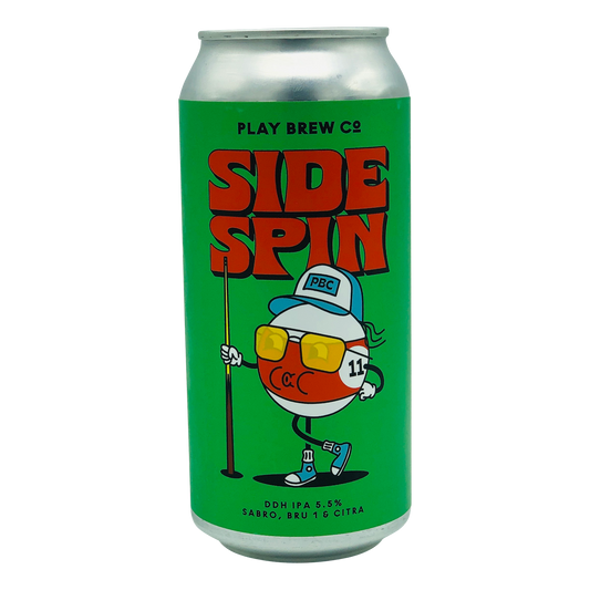 440ml Can of Side Spin DDH IPA Craft Beer brewed by Play brew Co. 5.5% ABV. Can is bright green with red text, an image of a red Number 11 pool ball wearing a hat and sunglasses, carrying a snooker queue.