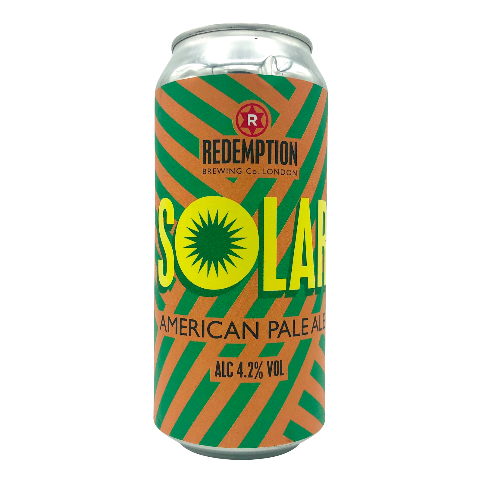 440ml Can of Solar American Pale Ale Craft Beer - Brewed by Redemption Brewing Co London 4.2% ALC Vol. Orange and Green diagonal stripes with Yellow font. Redemption Logo is a Capital R inside a Red Star.