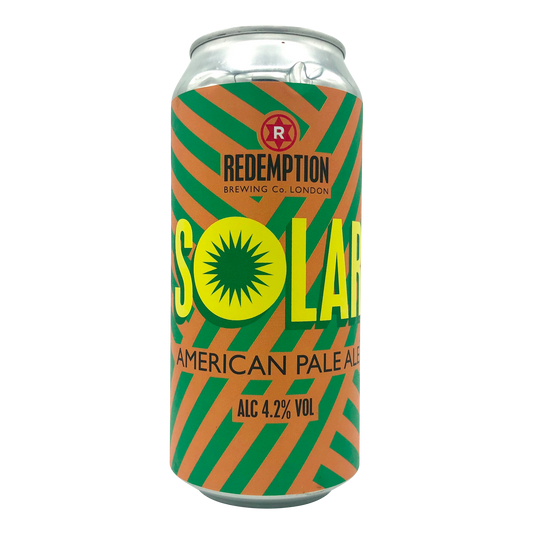 440ml Can of Solar American Pale Ale Craft Beer - Brewed by Redemption Brewing Co London 4.2% ALC Vol. Orange and Green diagonal stripes with Yellow font. Redemption Logo is a Capital R inside a Red Star.