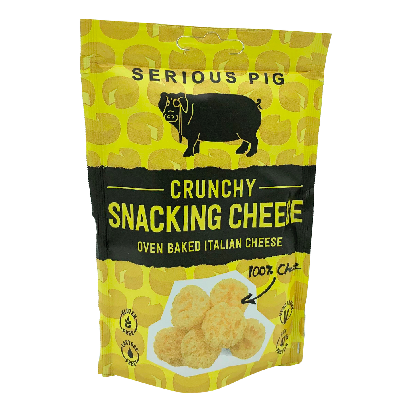 Serious Pig Crunch Snacking Cheese Over Baked Italia Cheese gluten Free vegetarian yellow packaging 