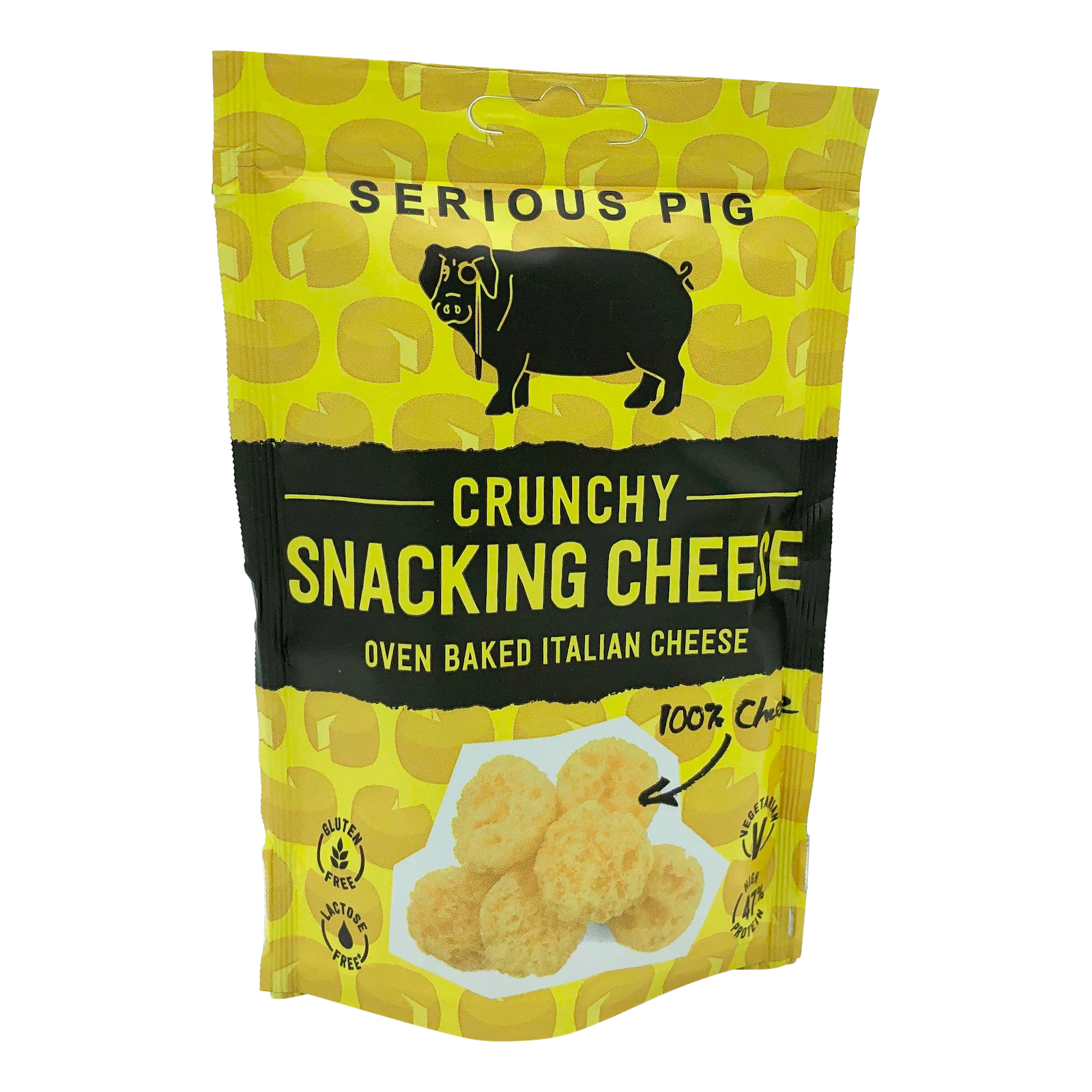 Serious Pig Crunch Snacking Cheese Over Baked Italia Cheese gluten Free vegetarian yellow packaging 