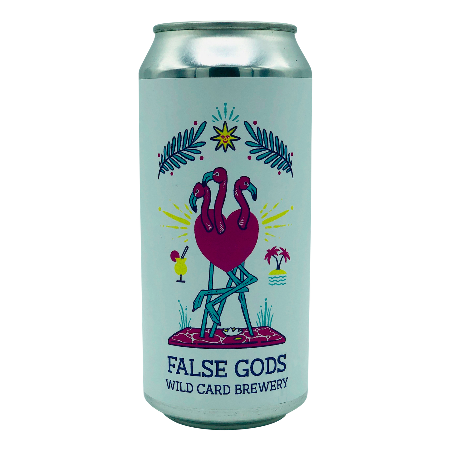 440ml Can Of Wild Card Brewery False Gods craft Beer Tropical Stout depicting flamingos and love hearts on a white background 