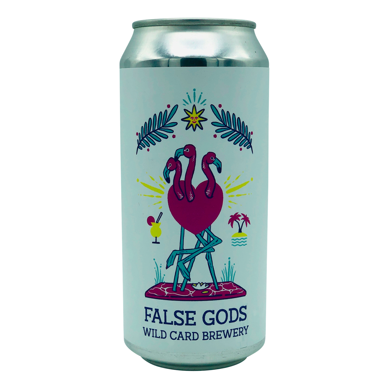 440ml Can Of Wild Card Brewery False Gods craft Beer Tropical Stout depicting flamingos and love hearts on a white background 