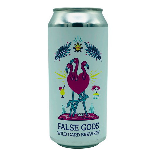 440ml Can Of Wild Card Brewery False Gods craft Beer Tropical Stout depicting flamingos and love hearts on a white background 
