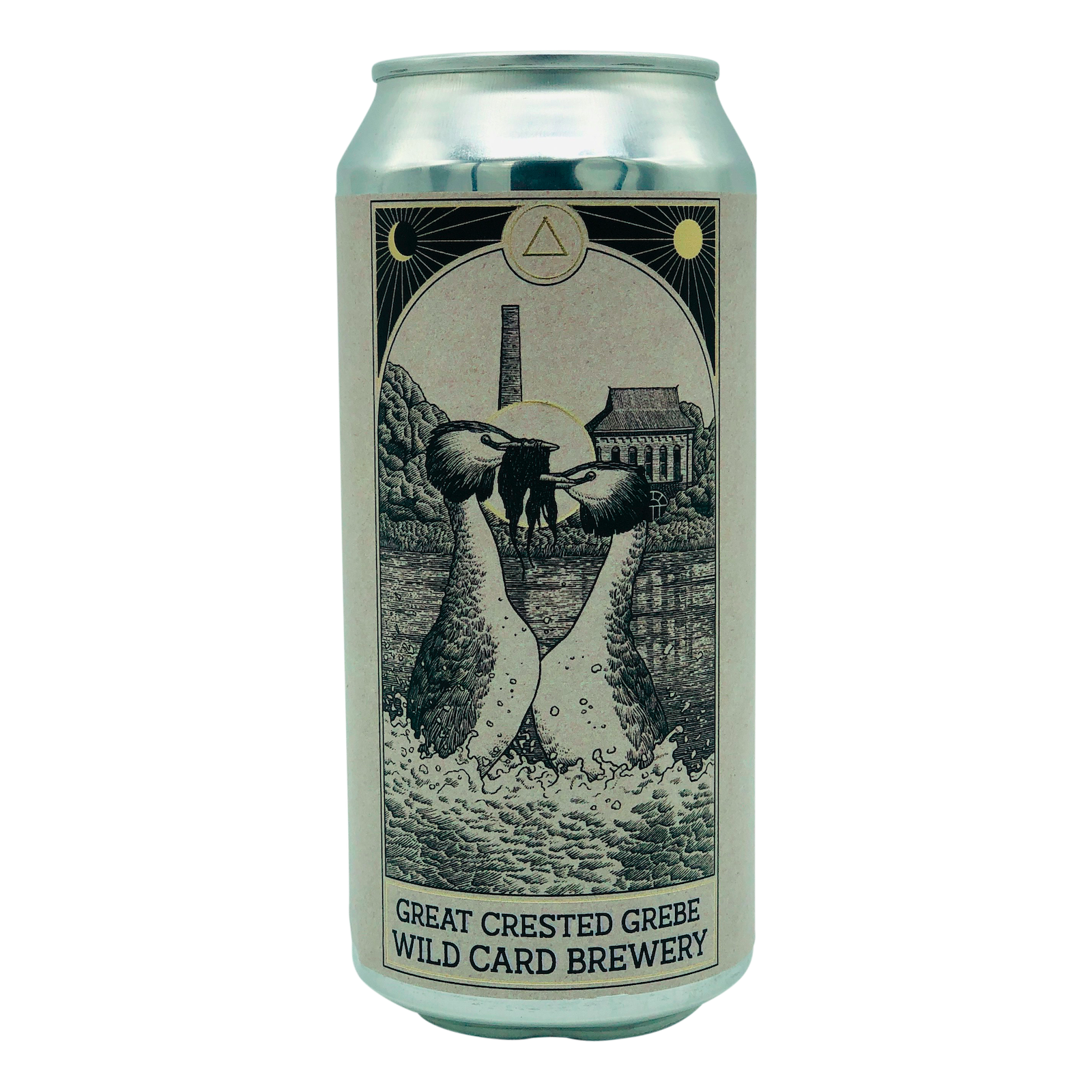 American IPA India Pale Ale. 440ml Can of Craft Beer Great crested Grebe brewed in London by Wild Card Brewery an artistic image of two birds