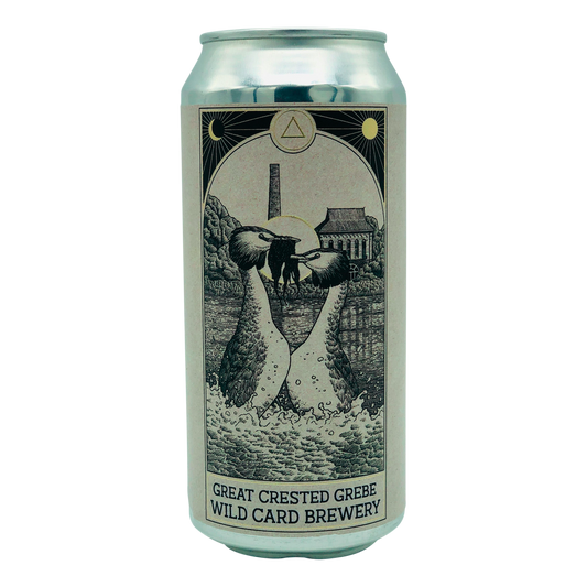 American IPA India Pale Ale. 440ml Can of Craft Beer Great crested Grebe brewed in London by Wild Card Brewery an artistic image of two birds