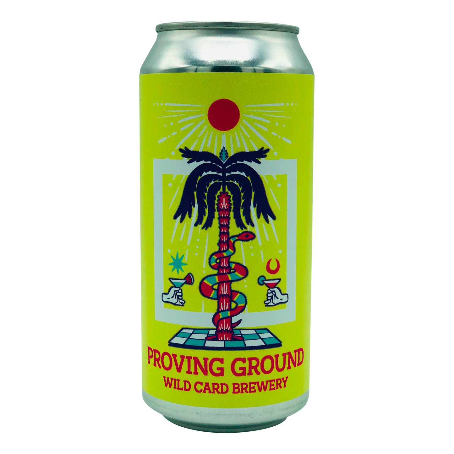 A vegan friendly sour craft beer from Wild Card Brewery in London. Bright yellow 440ml can with an image of a palm tree and and a snake with the title: proving Ground