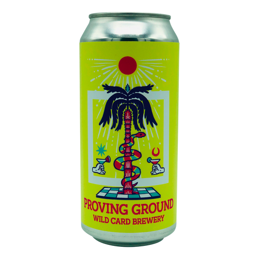 A vegan friendly sour craft beer from Wild Card Brewery in London. Bright yellow 440ml can with an image of a palm tree and and a snake with the title: proving Ground