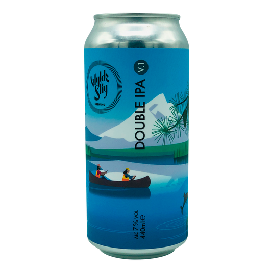 Wylde Sky Craft Brewing Double IPA India Pale Ale 440ml Can light blue depicting a canoe on a lake in front of a mountain 